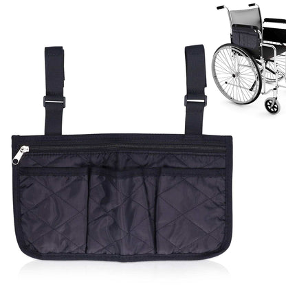 Black wheelchair side bag with 4 pockets, hanging pouch for wheelchair and walker accessories