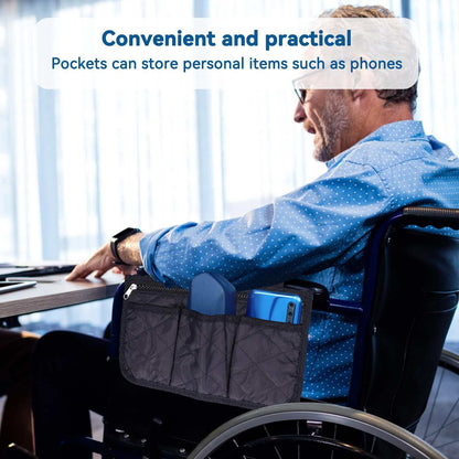 Black wheelchair side bag with 4 pockets hanging on wheelchair armrest, lightweight and durable organizer pouch for mobility aids